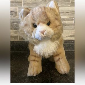 Demdaco Realistic Tabby Cat Plush 15” Brown White Green Eyed Soft Stuffed Animal